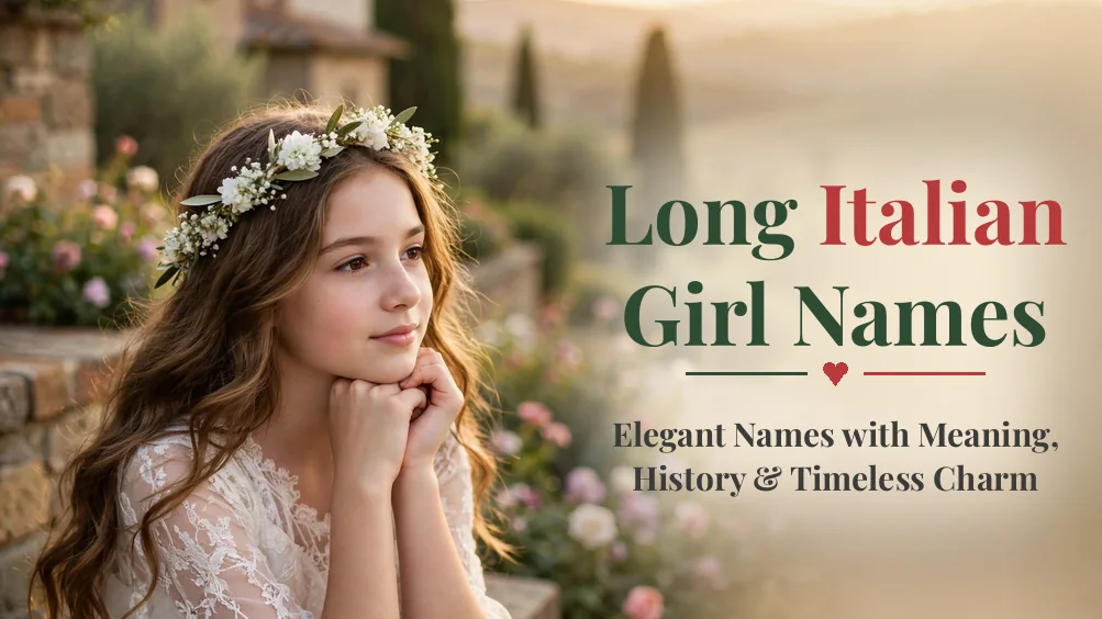 Long Italian girl names: young girl with floral crown in a Tuscan garden at golden hour