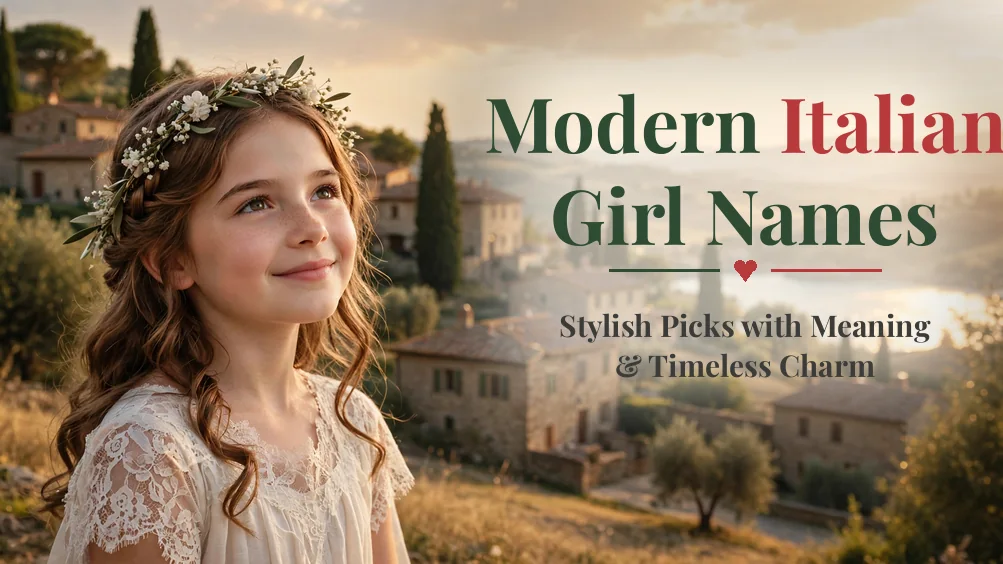 Modern Italian girl names: young girl with floral crown overlooking a Tuscan village at golden hour