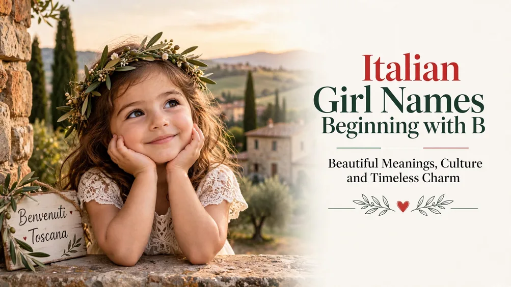 Young Italian girl with a floral crown in a Tuscan village at golden hour beside the title Italian Girl Names Beginning with B