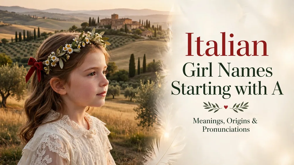 Italian Girl Names Starting with A: young girl with a floral crown overlooking the Tuscan countryside at golden hour