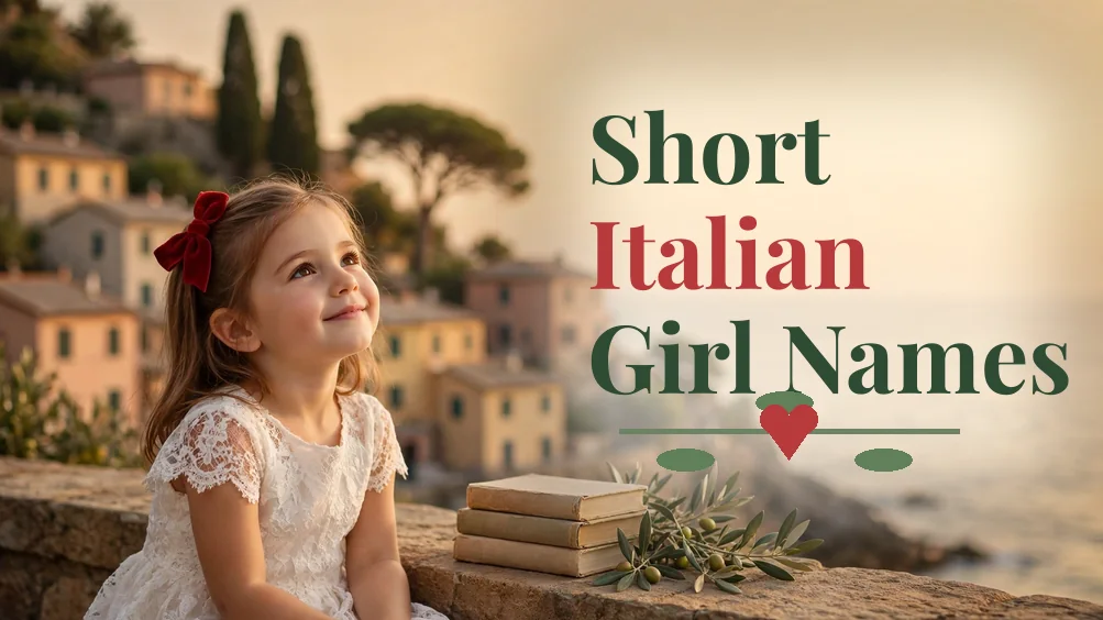 Short Italian girl names: young girl with red bow overlooking a Mediterranean coastal village at golden hour